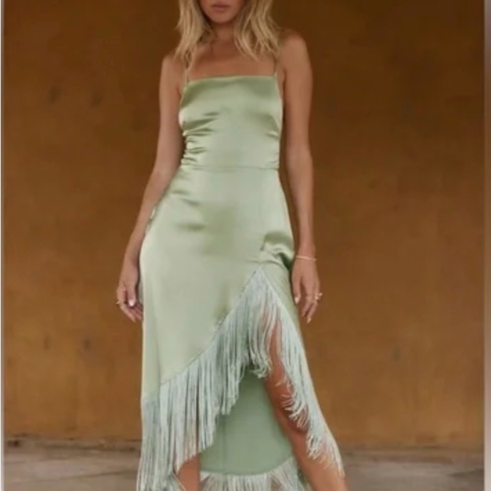 12th Tribe Asymmetrical Sage Fringe Dress
